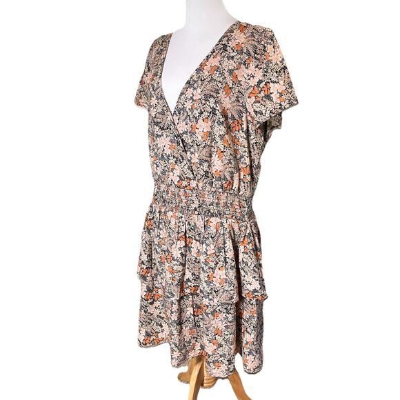American Eagle Cotton Linen Blend Lined Dress XL Wrap V Neck Floral Tiered Skirt - Picture 2 of 13